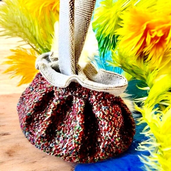 Vintage BEADED Drawstring Wrist Pouch Bag Flapper Art Deco Small - Picture 13 of 13
